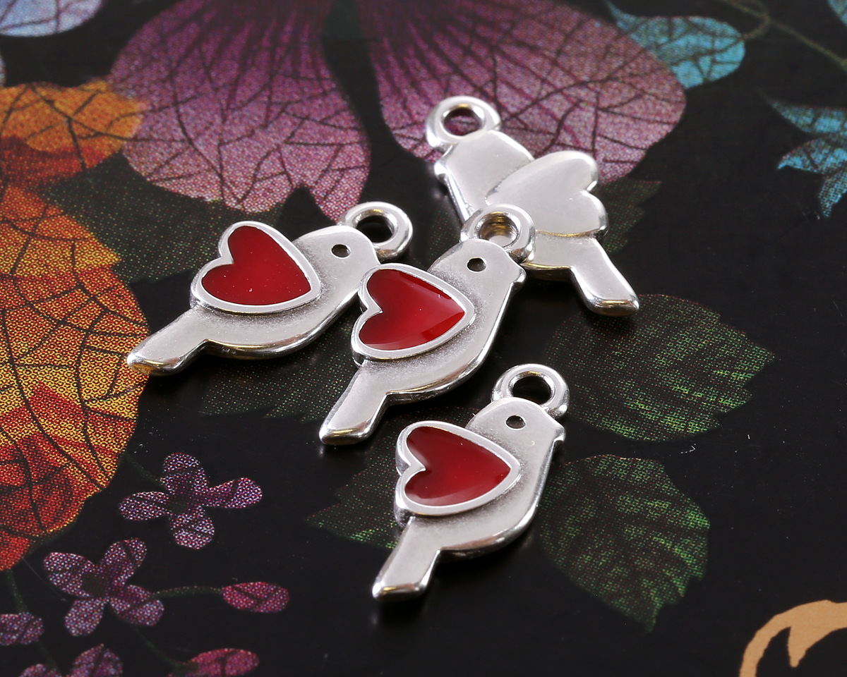 Antique Silver (plated) Red Enamel Love Bird Focal 12x13.5mm