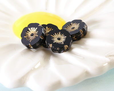 Czech Glass Jet w/ Gold Hibiscus Coin 12mm