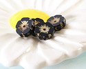 Czech Glass Jet w/ Gold Hibiscus Coin 12mm