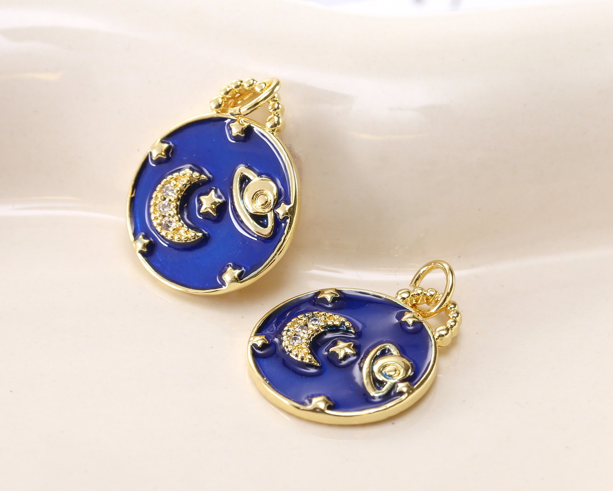 Cobalt Shimmer Enamel w/ Gold Finish Moon & Saturn Focal 15x18.5mm