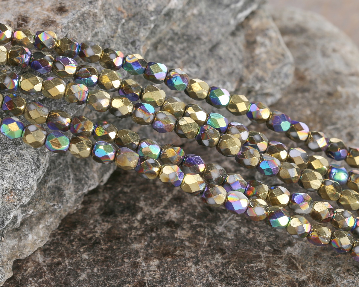 Czech Glass White AB w/ Gold Fire Polished Round 4mm