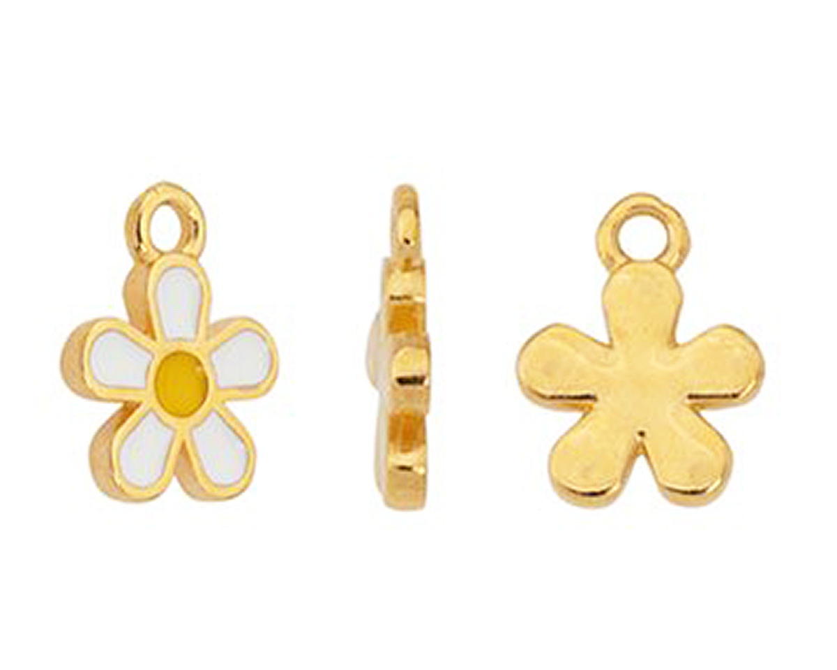 24K Gold (plated) White/Yellow Enamel Daisy Focal 10.5x13.5mm