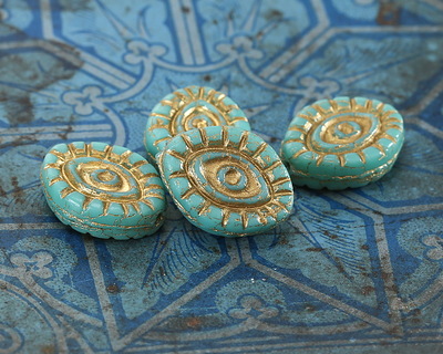 Czech Glass Turquoise w/ Gold Wash Mystic Eye 14x11mm