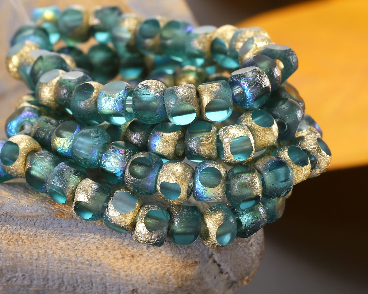 Czech Glass Island Blue w/ Textured Gold AB Trica Beads 4x5mm