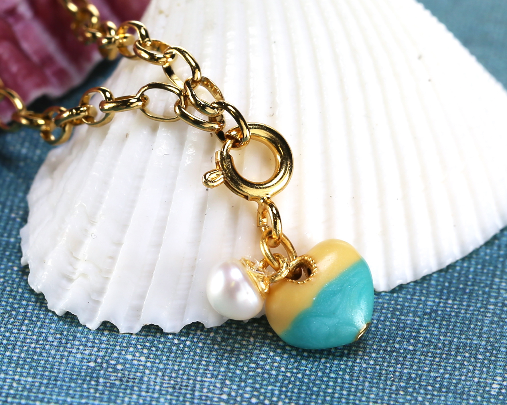 Sun & Surf Enamel & 24K Gold (plated) Puff Heart Charm w/ Pearl Drop 8x7mm
