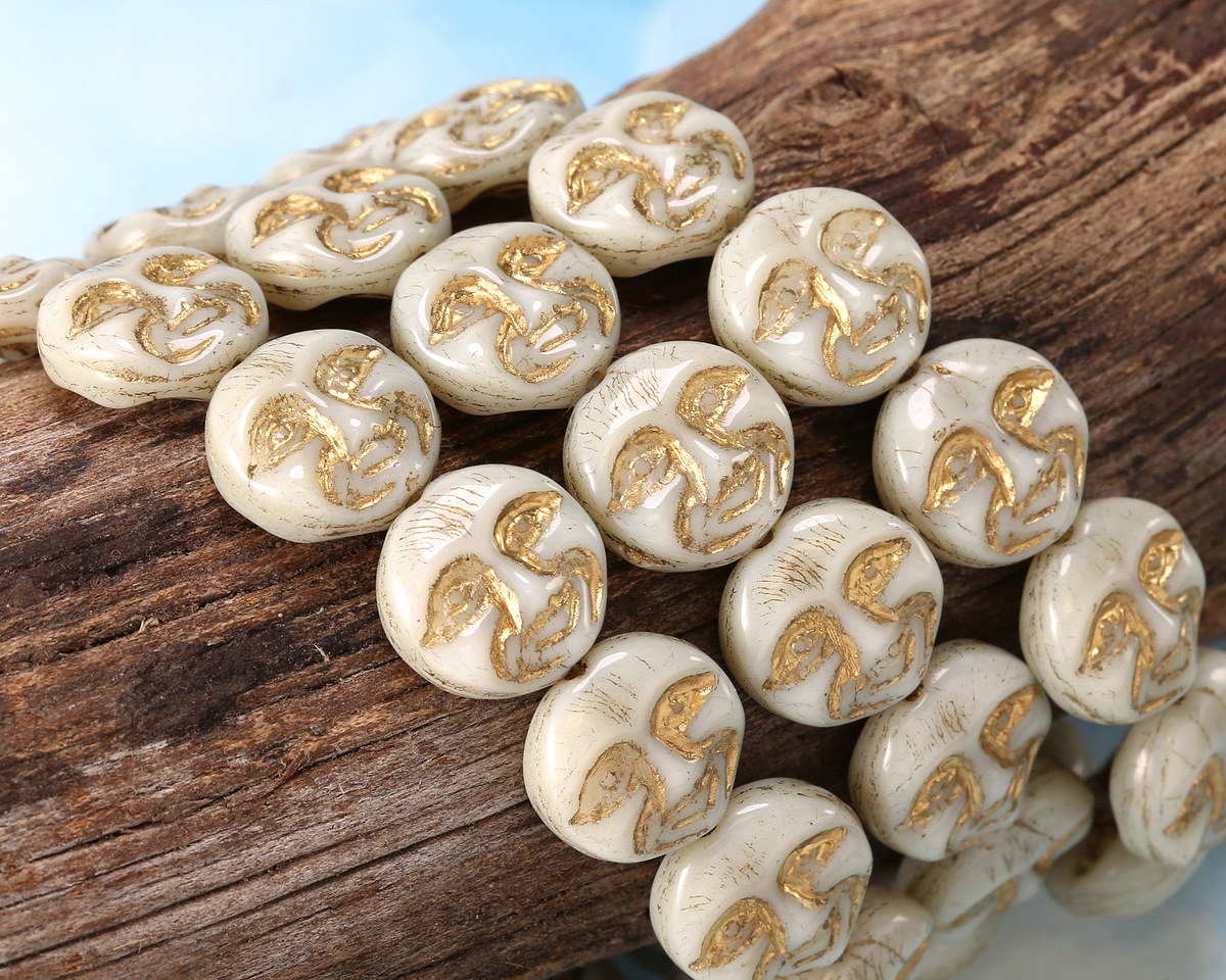 Czech Glass Ivory w/ Gold Moon Face 13mm