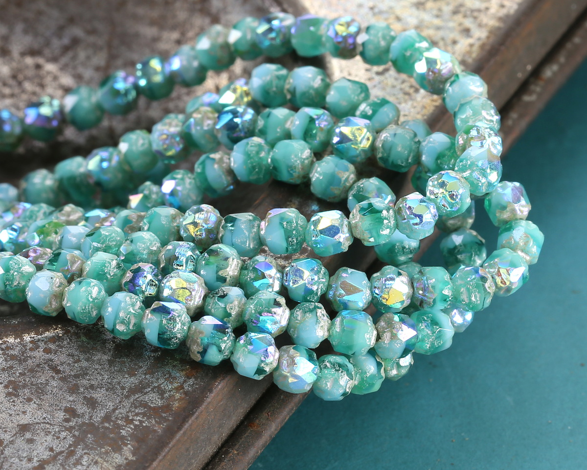 Czech Glass Aquamarine Waters AB w/ Antique Silver Lantern 4mm