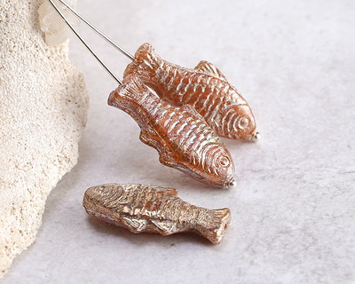 Czech Glass Peach Silk w/ Rembrandt Finish Trout Fish Bead 24x10mm