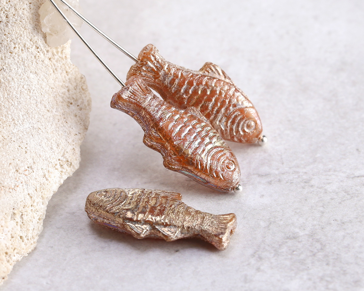Czech Glass Peach Silk w/ Rembrandt Finish Trout Fish Bead 24x10mm