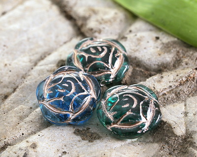Czech Glass Ocean Blues w/ Platinum Garden Rose 16mm