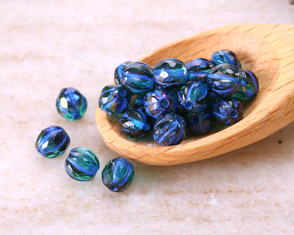 Czech Glass Emerald w/ Iris Luster & Blue Wash Faceted Melon Round 6mm