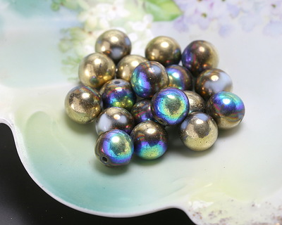 Czech Glass White AB w/ Gold Round Druk 6mm