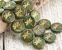 Czech Glass Aquamarine Picasso w/ Gold Dragonfly Coin 17mm