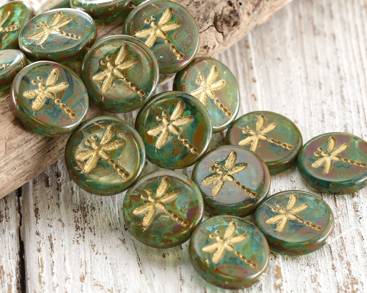 Czech Glass Aquamarine Picasso w/ Gold Dragonfly Coin 17mm