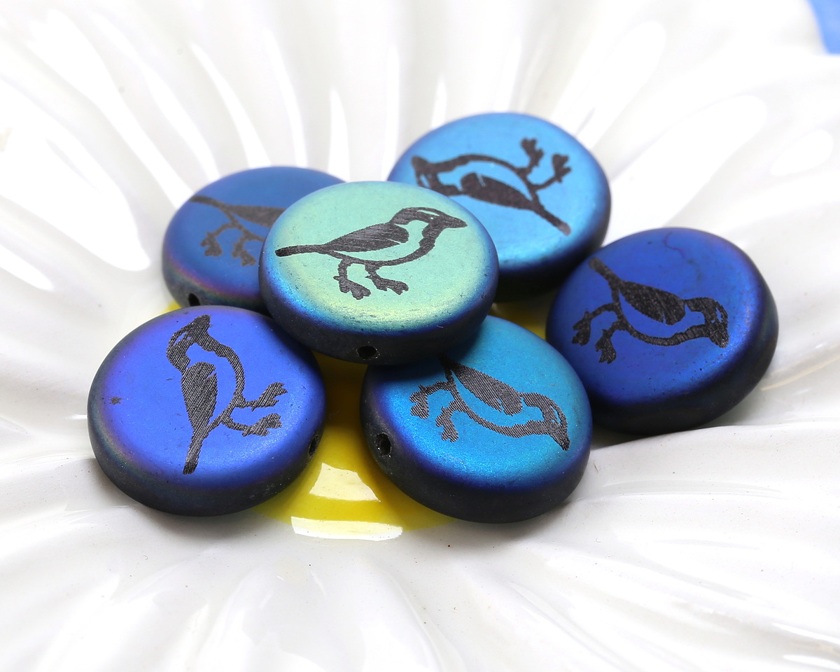 Czech Glass Laser Etched Bird on Matte Jet AB Coin 14mm