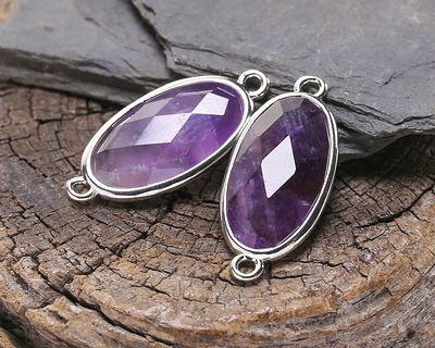 Amethyst Faceted Puff Oval Link w/ Silver Finish Bezel 12x20mm