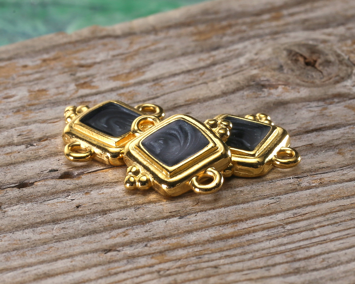 24K Gold (plated) Jet Pearl Enamel Beaded Square Focal Link 15x14.5mm