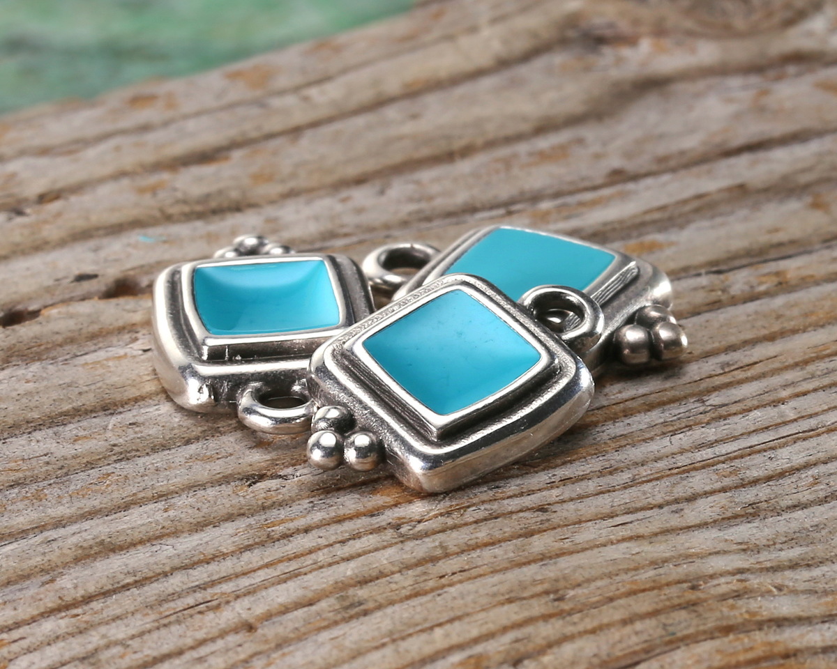 Antique Silver (plated) Turquoise Enamel Beaded Square Focal 10x16mm