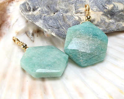 Brazilian Amazonite w/ Gold Finish Faceted Hexagon Wire Wrapped Pendant 20x25mm