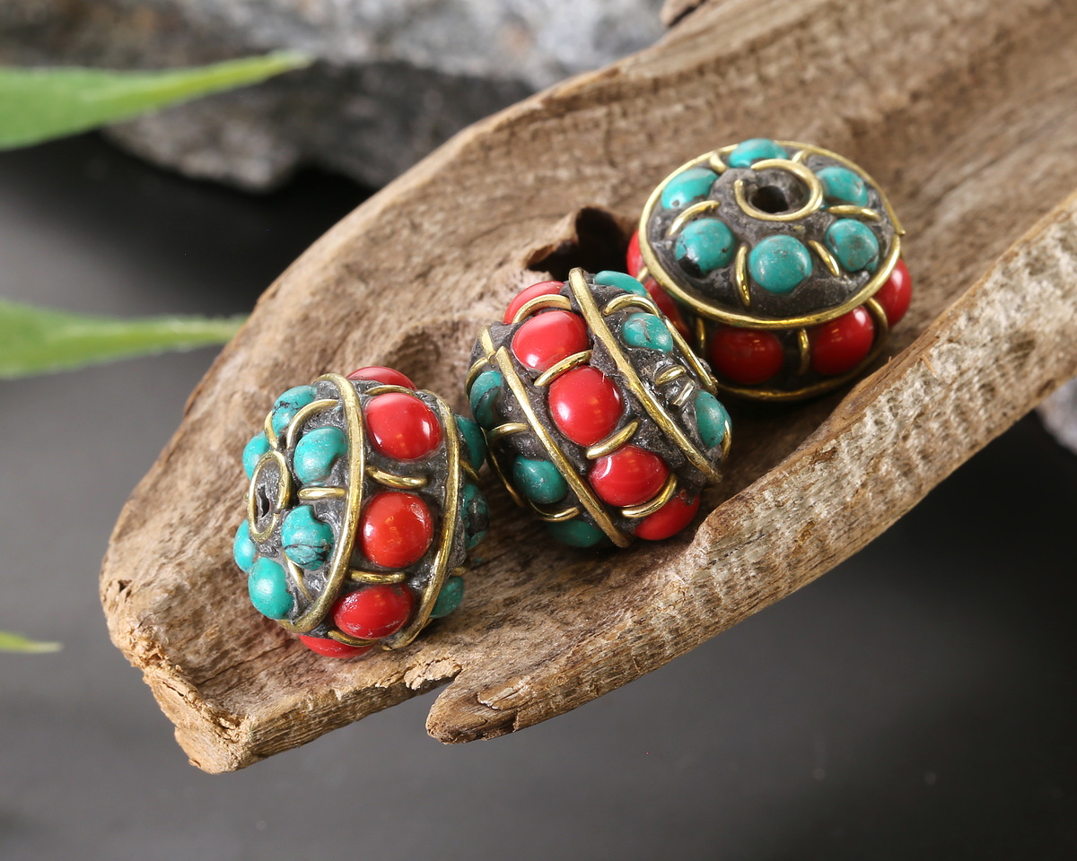Nepalese Brass w/ Turquoise & Coral Rondelle Bead 13x17mm