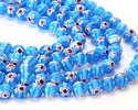 Millefiori Glass Sea Blue w/ White & Red Flower Round 10mm