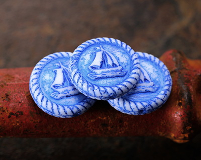 Czech Glass White w/ Metallic Cobalt Sailboat Coin 20mm