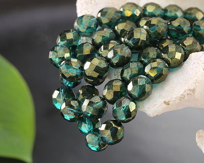 Czech Glass Emerald w/ Gold Luster Fire Polished Round 8mm