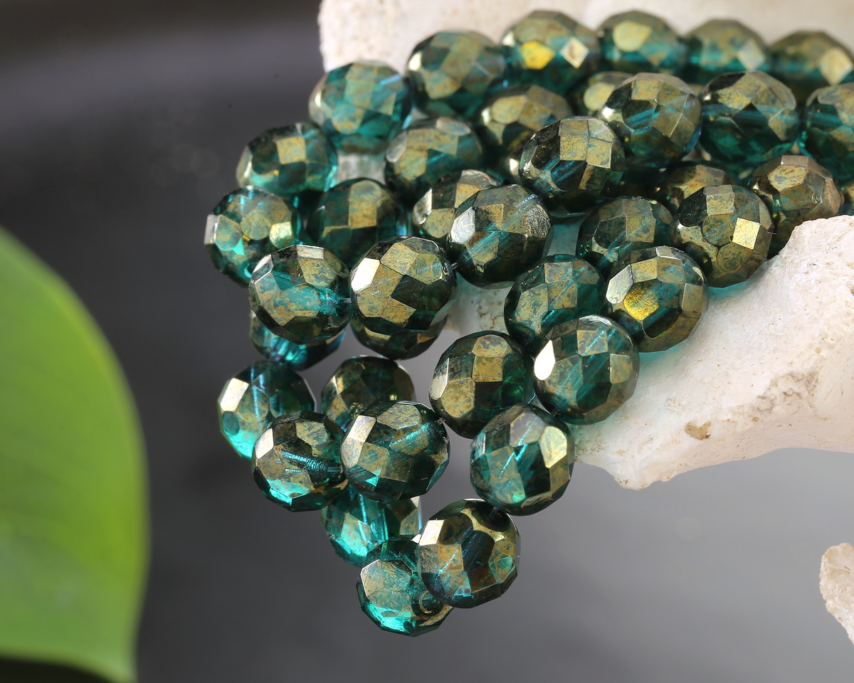 Czech Glass Emerald w/ Gold Luster Fire Polished Round 8mm