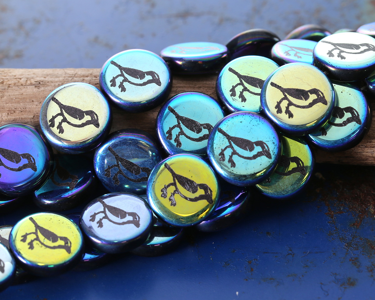 Czech Glass Laser Etched Bird on Jet AB Coin 14mm