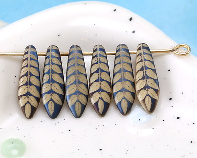 Czech Glass Laser Etched Leaf on Matte Bisque w/ Iris Blue Finish Dagger 5x16mm