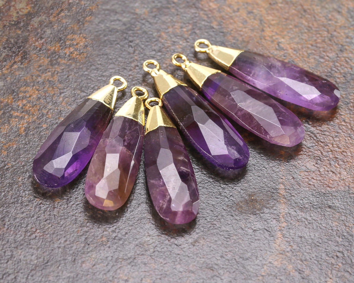 Amethyst Faceted Puff Teardrop Focal w/ Gold Finish 9x28mm