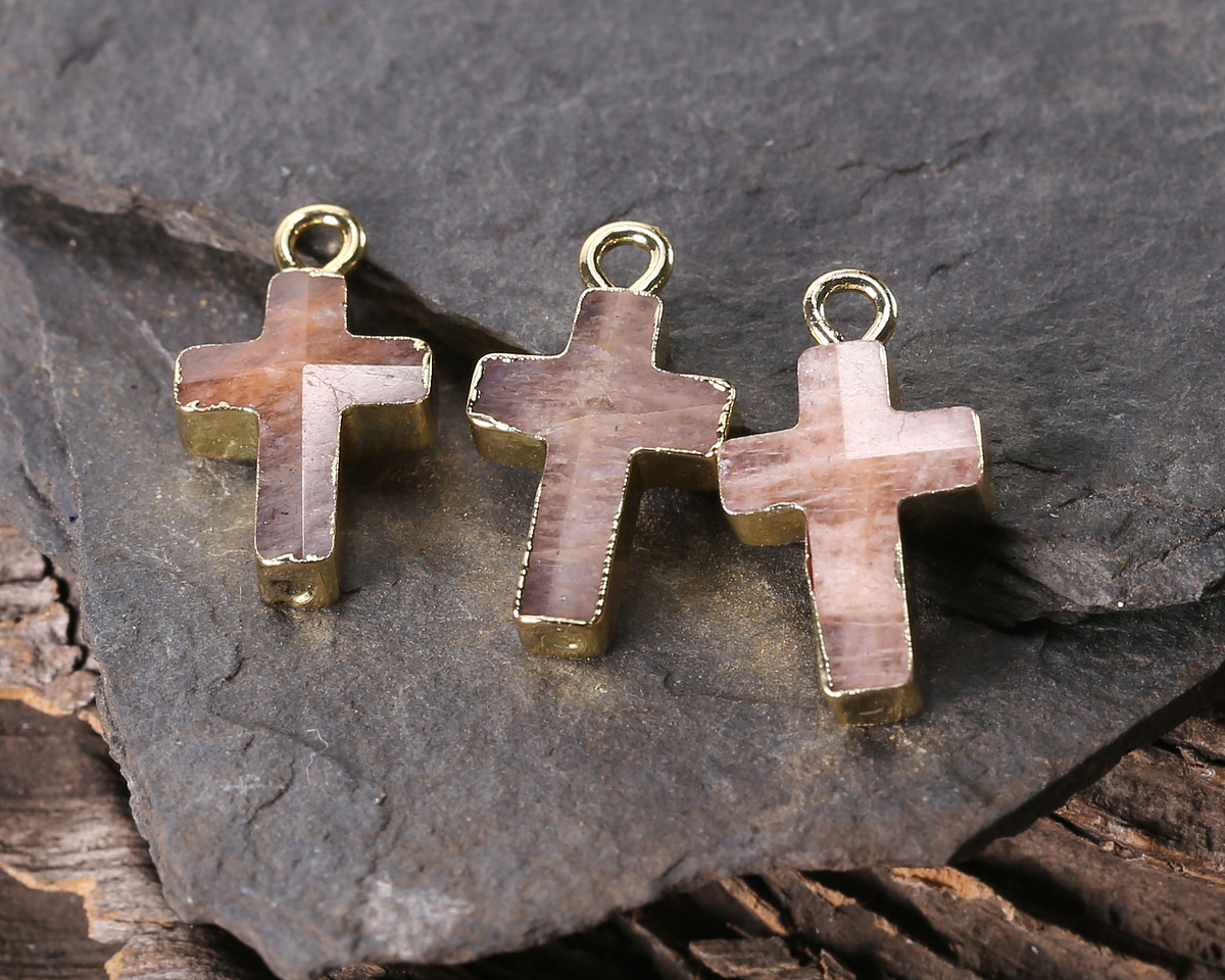 Peach Moonstone Faceted Cross Focal w/ Gold Finish 10x15mm