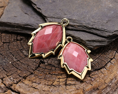 Wood Rhodonite Faceted Puff Leaf Focal w/ Gold Finish 14x22mm