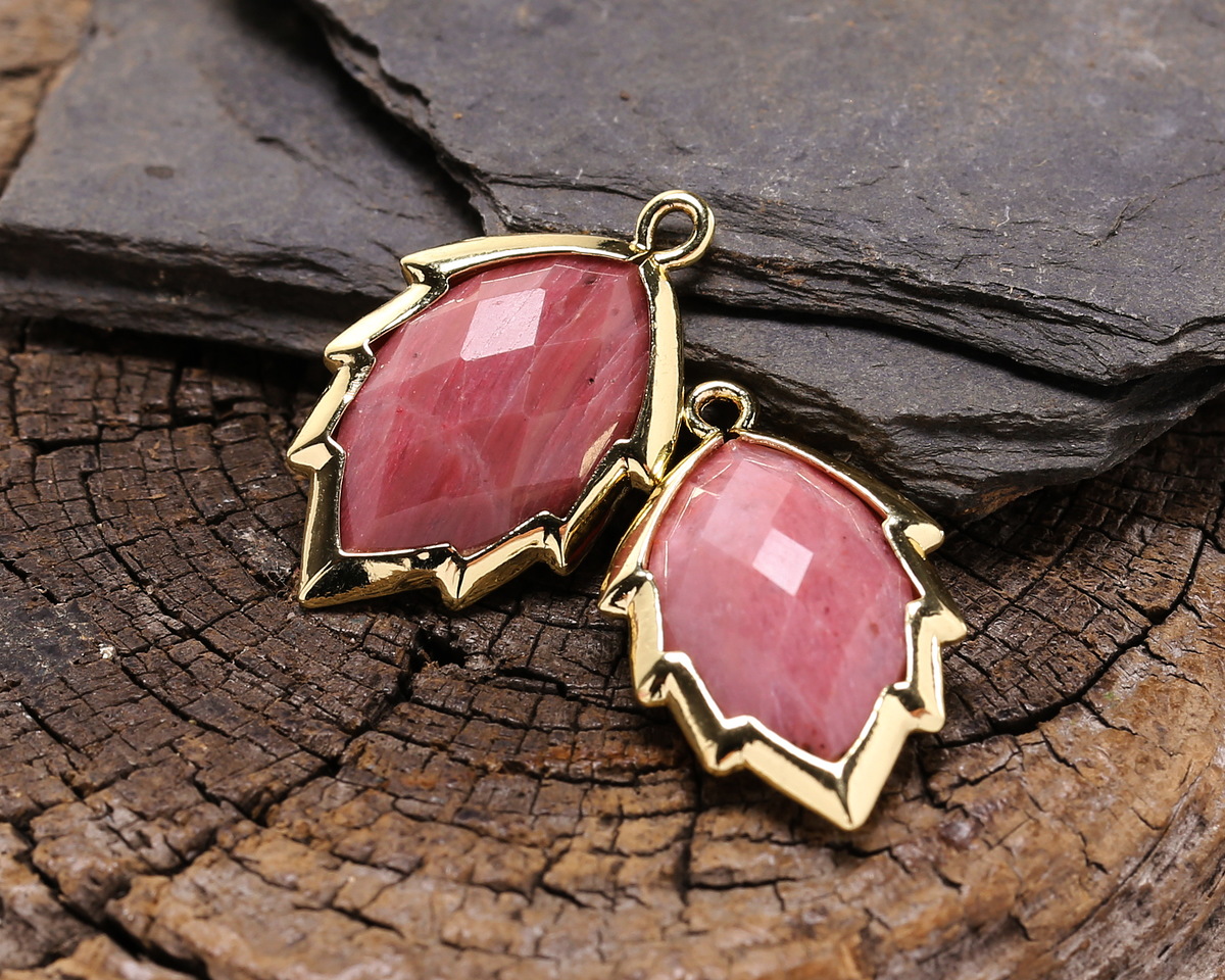 Wood Rhodonite Faceted Puff Leaf Focal w/ Gold Finish 14x22mm
