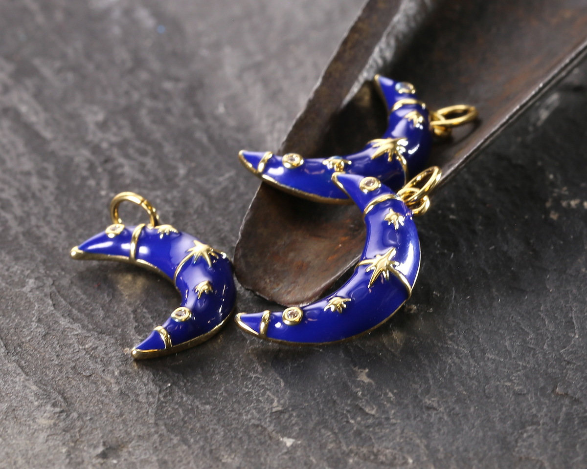 18k Gold (plated) Cobalt Enamel w/ Crystals & Stars Crescent Moon Focal 11.5x21mm