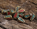 Nepalese Brass Cone Bead w/ Turquoise & Coral Drop Mosaic 12x8mm