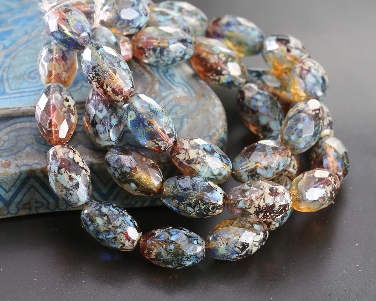 Czech Glass Amber Picasso Faceted Rice 12x8mm