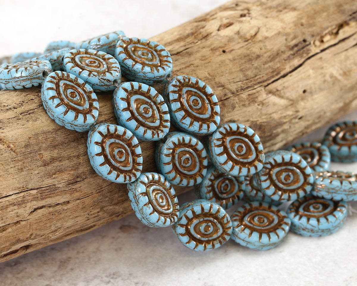 Czech Glass Sky Blue w/ Bronze Wash Mystic Eye 14x11mm