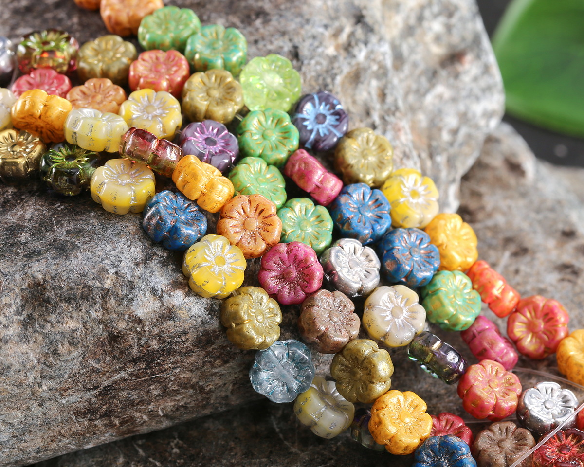 Czech Glass Rainbow Mix Hibiscus Coin 8mm