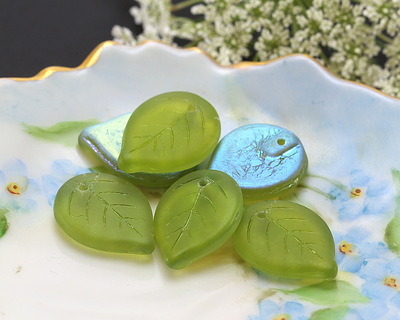 Czech Glass Olivine AB (on back) Leaf Drop 18x13mm