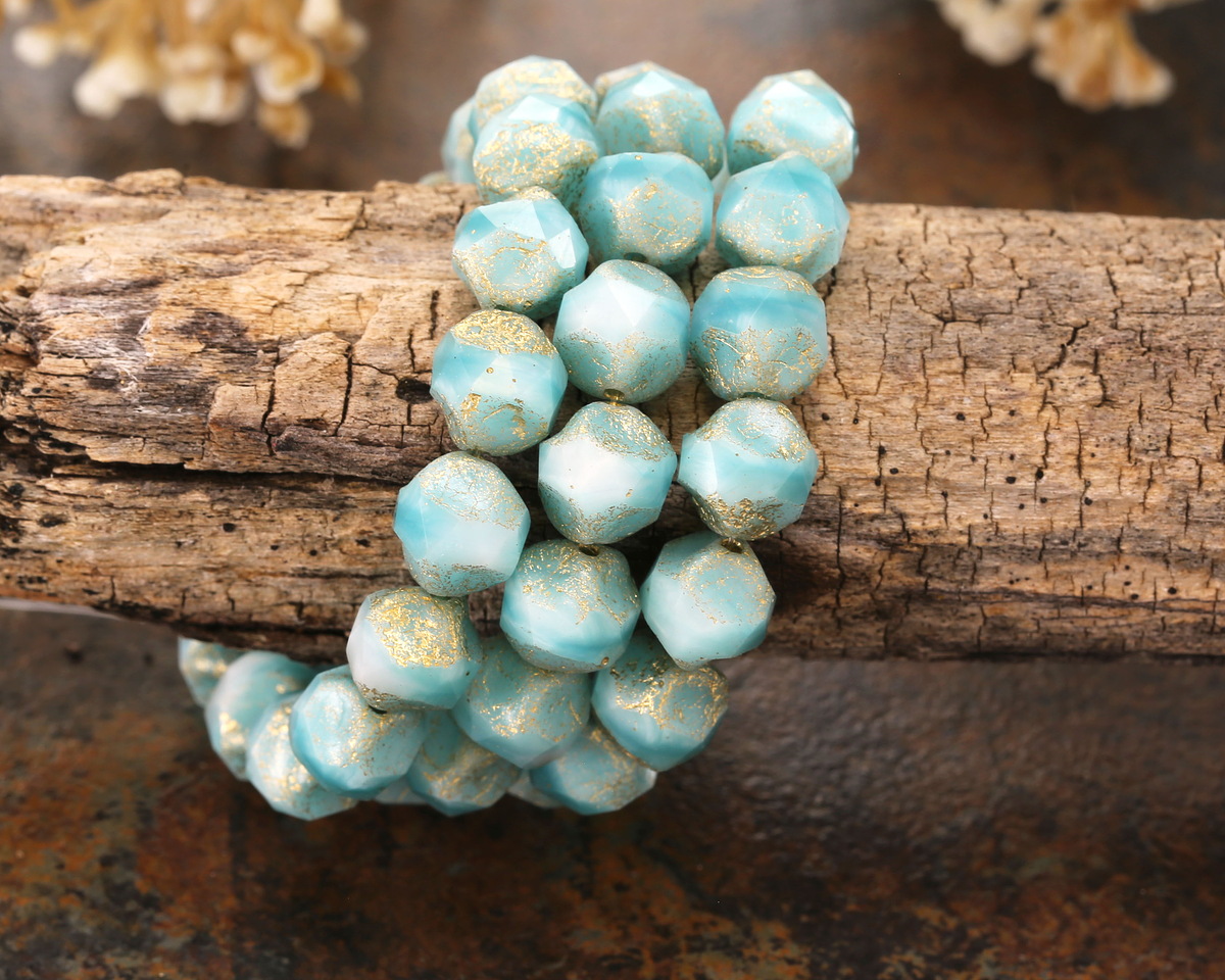 Czech Glass Textured Aquamarine Waters w/ Gold Wash Chandelier Cut 8mm