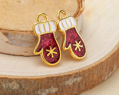 24K Gold (plated) Enamel Mitten w/ Snowflake Focal 9.5x18.5mm