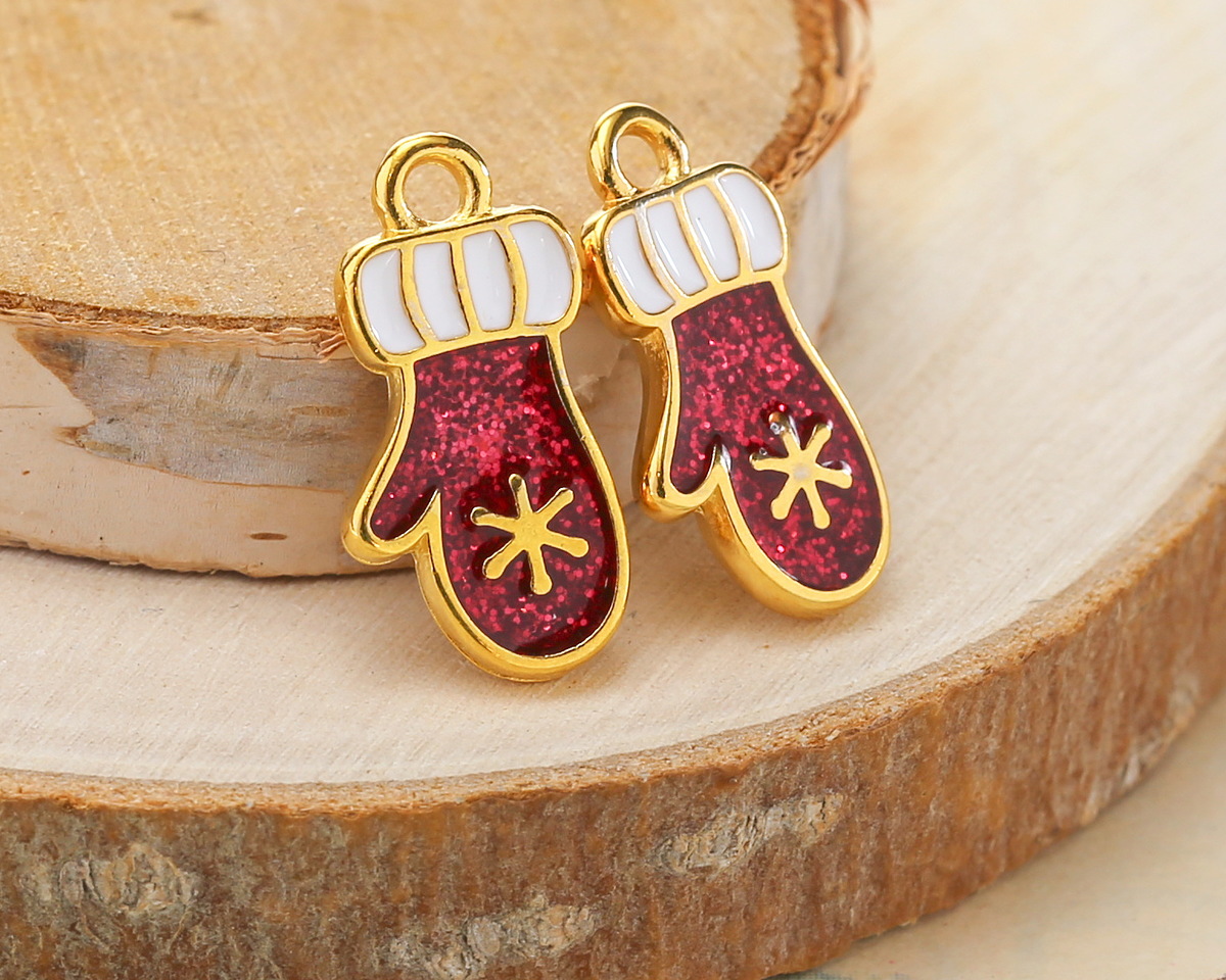 24K Gold (plated) Enamel Mitten w/ Snowflake Focal 9.5x18.5mm