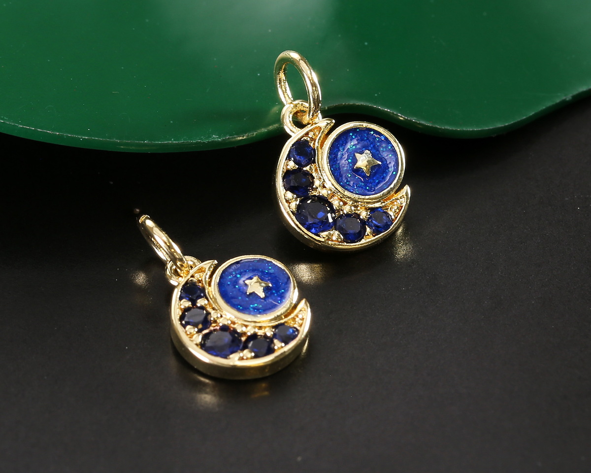 18k Gold (plated) Tiny Blue Crystal Crescent w/ Blue Enamel Moon Focal 9x11mm