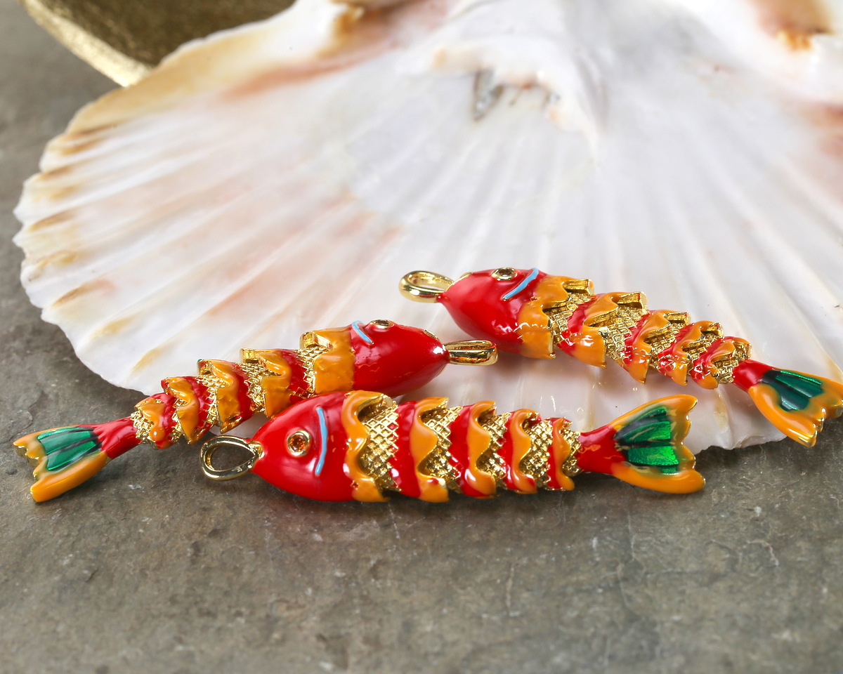 18k Gold (plated) Red, Orange, & Green Enamel Articulated Fish Focal 10.5x46mm