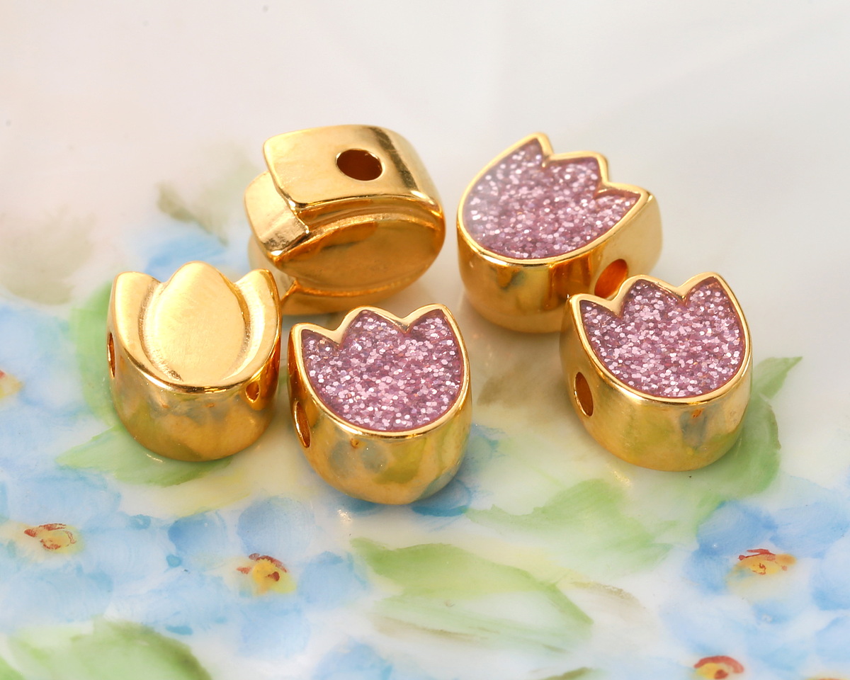 24K Gold (plated) Lilac Glitter Enamel Tulip Bead 7.5x9mm