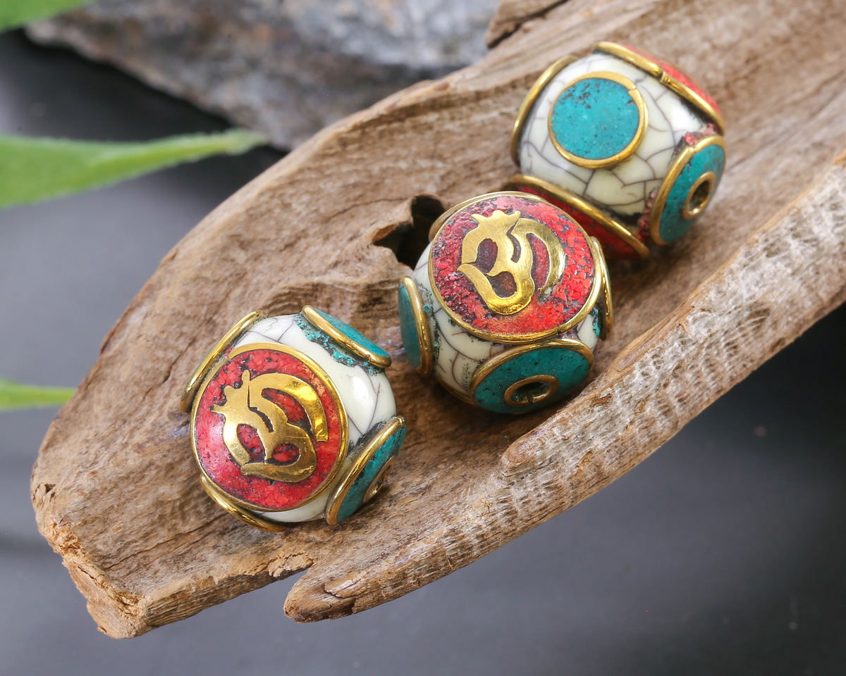 Nepalese Brass Om on Coral & White Shell Round Bead 18x17mm