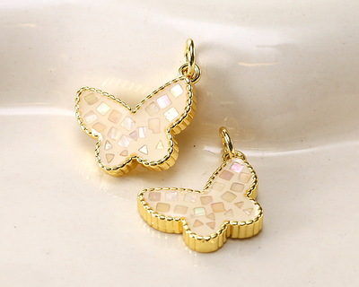 Mother of Pearl in White Enamel w/ Gold Finish Butterfly Pendant 13x16mm