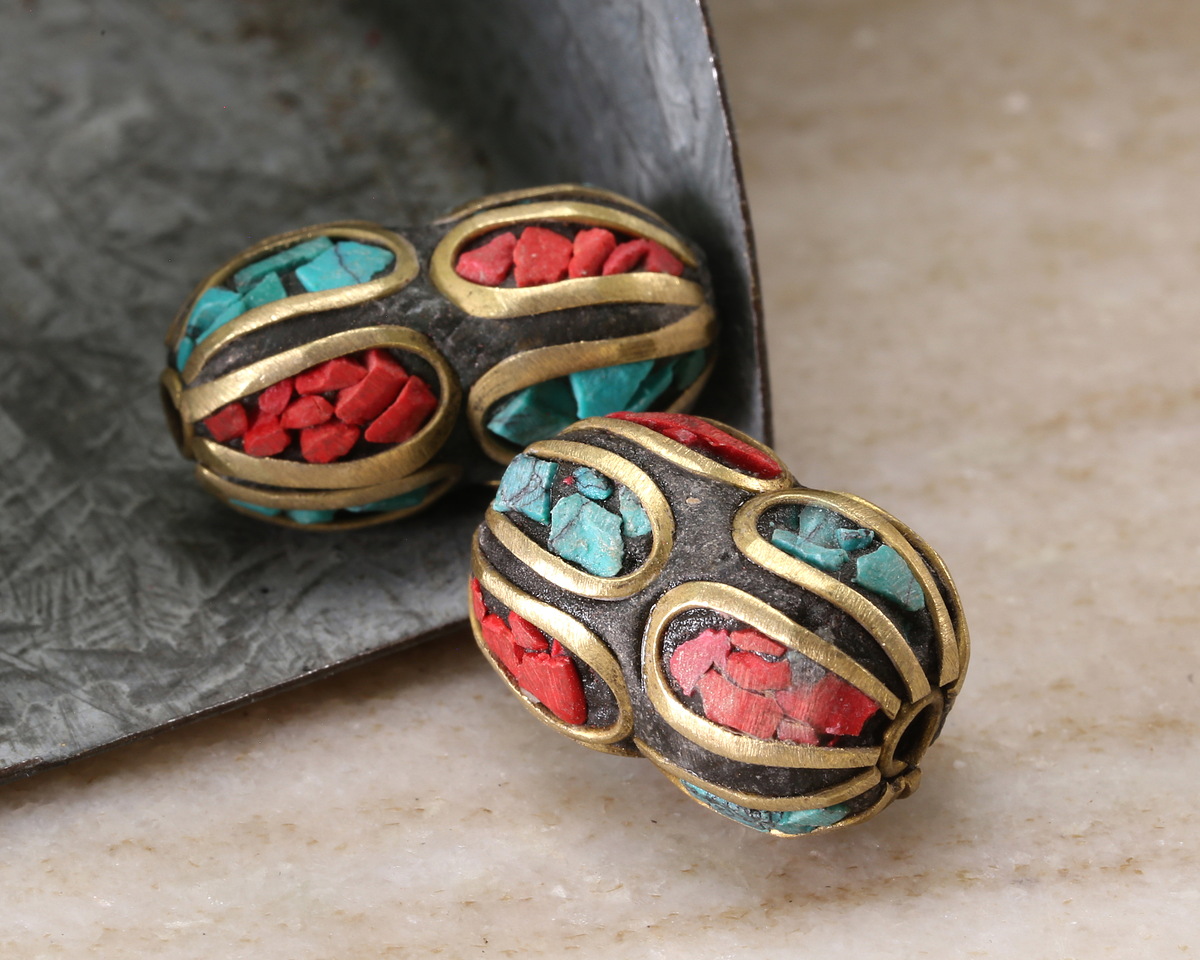Nepalese Brass w/Coral & Turquoise Peanut Bead 18-21x11-12mm