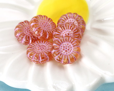 Czech Glass Topaz w/ Pink Wash Sunflower 13mm